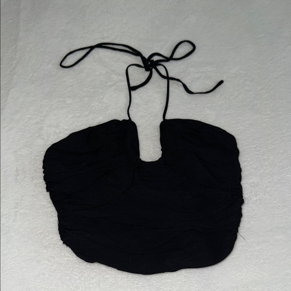 ZARA black cropped ruffle detailed neck tie top size XS